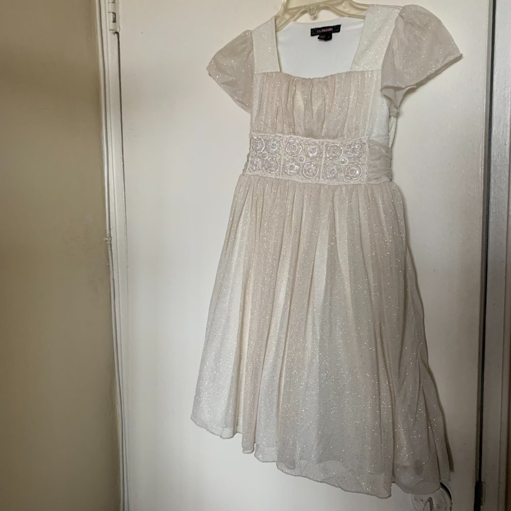 MY MICHELLE GIRLS BEADED IVORY Gold Sparkles DRESS WITH UNDERSKIRT SIZE 8